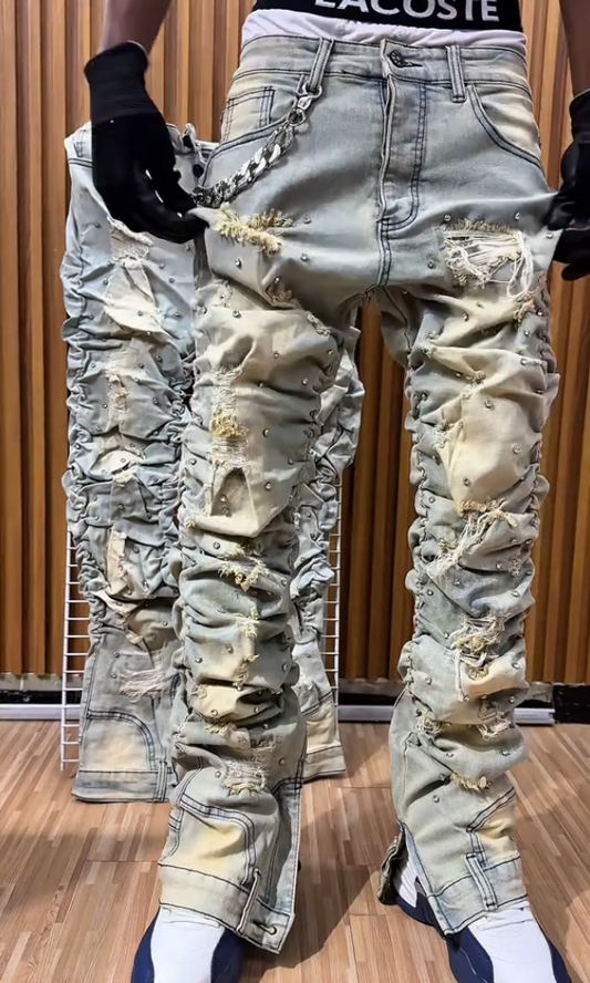 Stylish Stacked Rhinestone Distressed Ripped Jeans