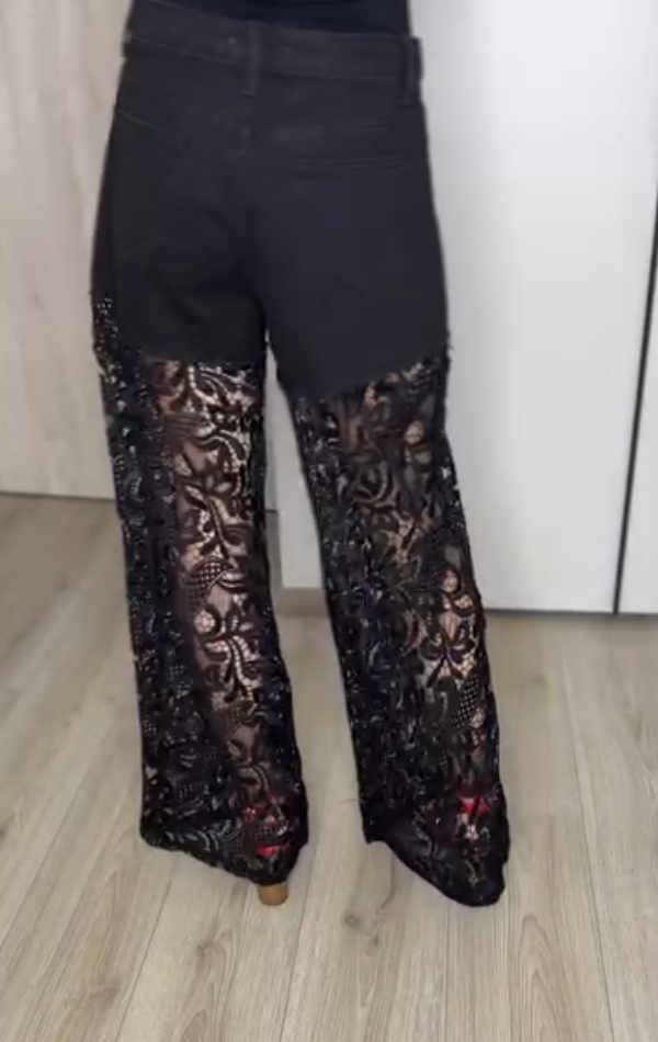 Lace Cutout & Rhinestone-Embellished Denim Jeans