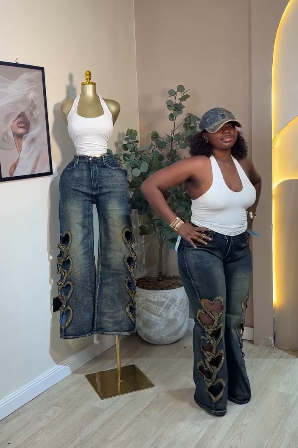 Women's Trendy Gold Foil Heart Jeans