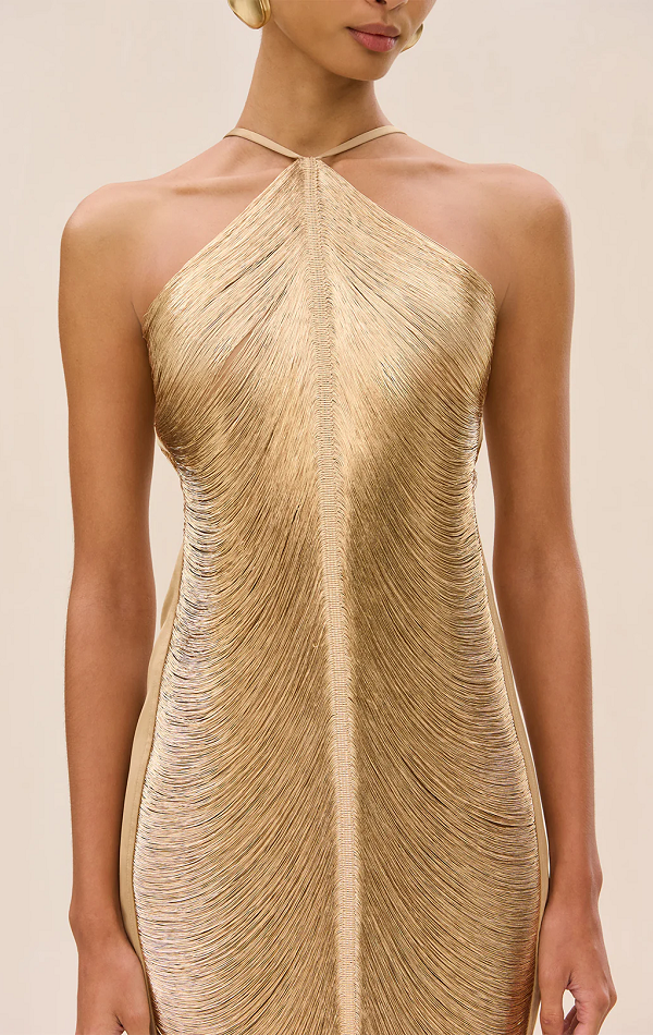 Draped Fringe Halter Dress