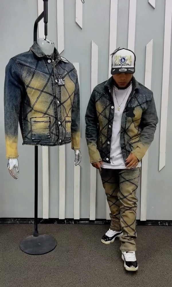 Men's Distressed Denim Rhinestone Jacket & Trousers Set