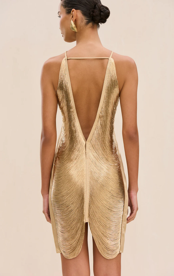 Draped Fringe Halter Dress