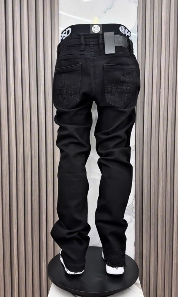 Men's Black Rhinestone Lightning & Letter Casual Jeans