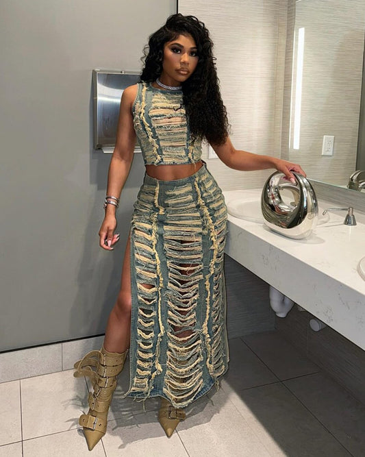 Handmade frayed vest and denim skirt suit