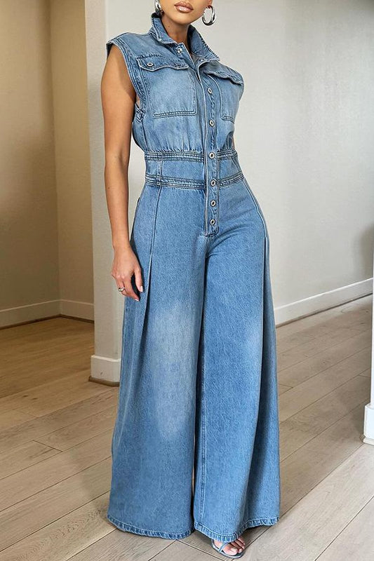 Chic Washed Denim Wide-Leg Jumpsuit