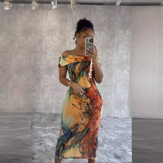 Variegated one-shoulder fashion statement dress