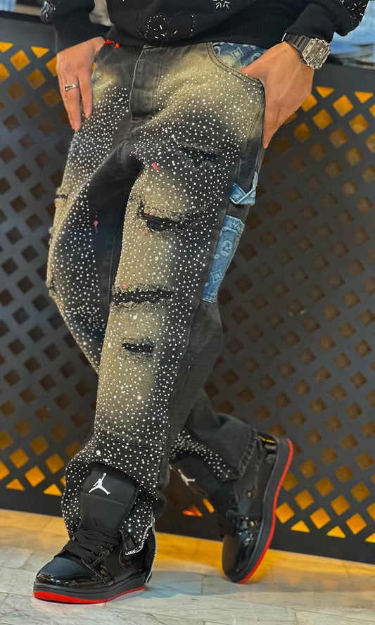 Side Zipper Rhinestone Ripped Distressed Jeans