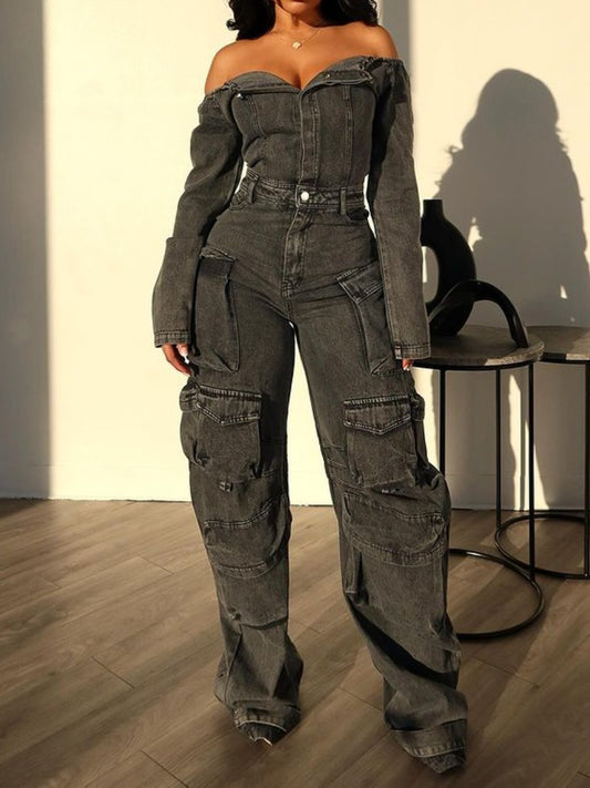 Denim Off Shoulder Jumpsuit