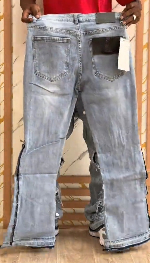 Side Zipper Ripped  Rivet Jeans
