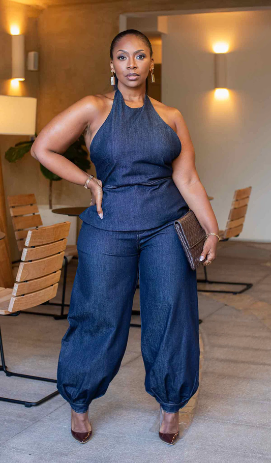 Halter Neck Denim Vest & Pants Set