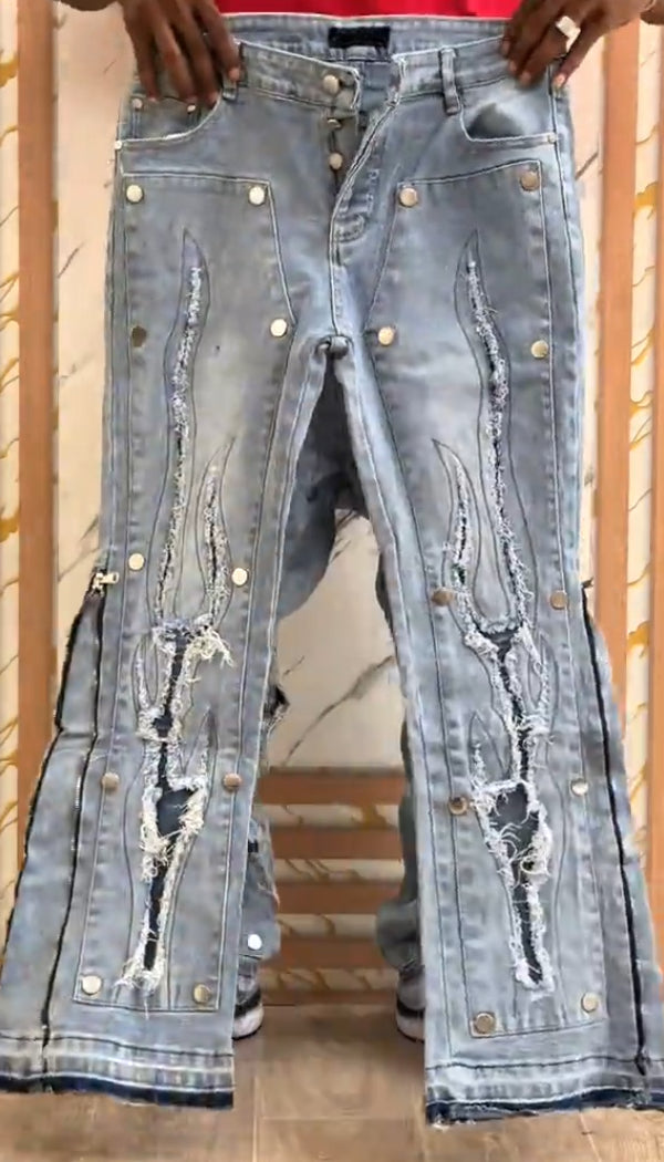 Side Zipper Ripped  Rivet Jeans