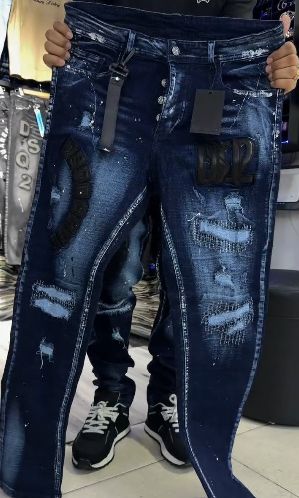 Men's Embroidered Distressed Jeans