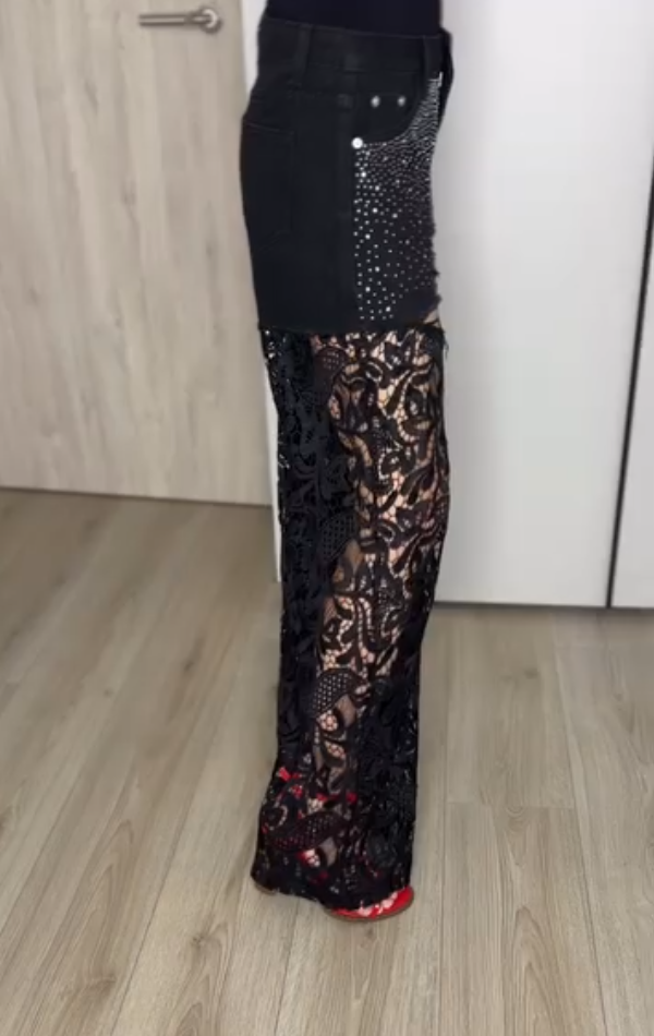 Lace Cutout & Rhinestone-Embellished Denim Jeans