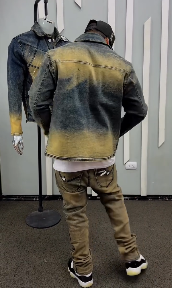 Men's Distressed Denim Rhinestone Jacket & Trousers Set