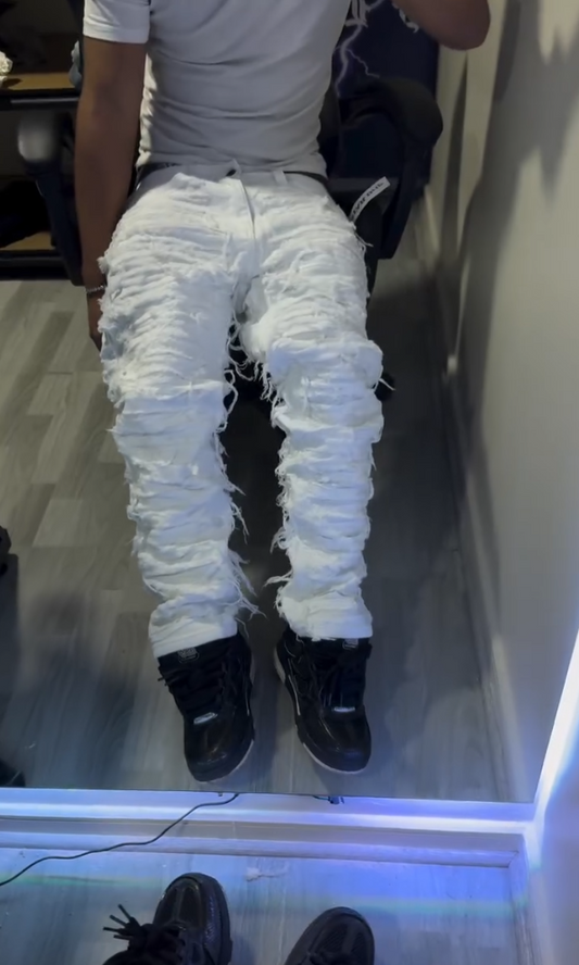 Men's Distressed Frayed Stacked Jeans