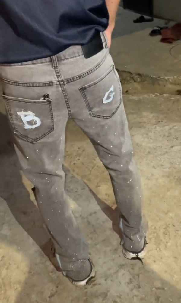 Glitter-Distressed Raw Slit Jeans