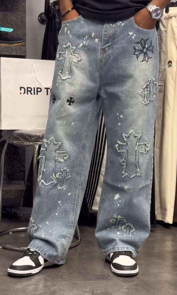 Men's Cross-Embroidered Denim Jeans