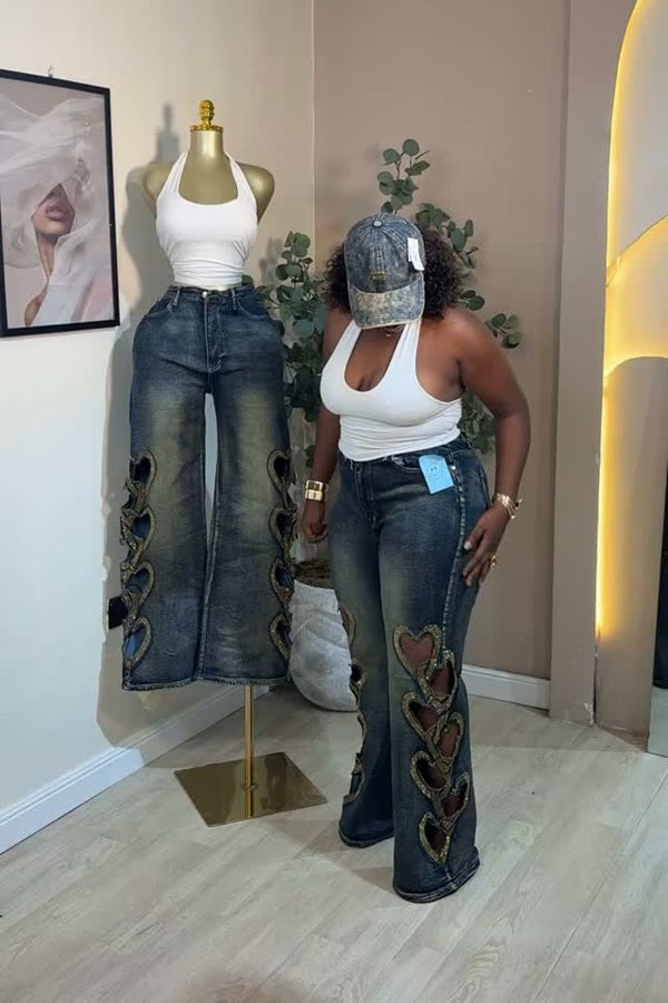 Women's Trendy Gold Foil Heart Jeans