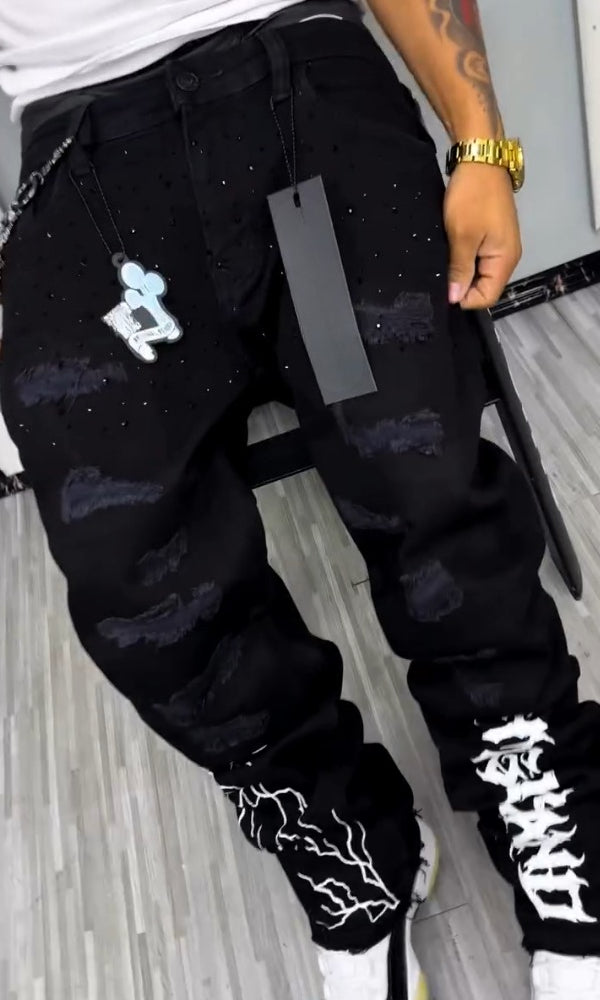 Men's Black Rhinestone Lightning & Letter Casual Jeans