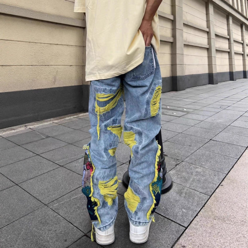 Men's Embroidered Ripped Loose Pants