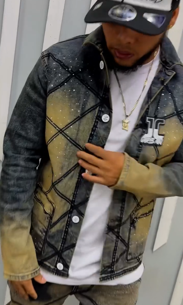 Men's Distressed Denim Rhinestone Jacket & Trousers Set