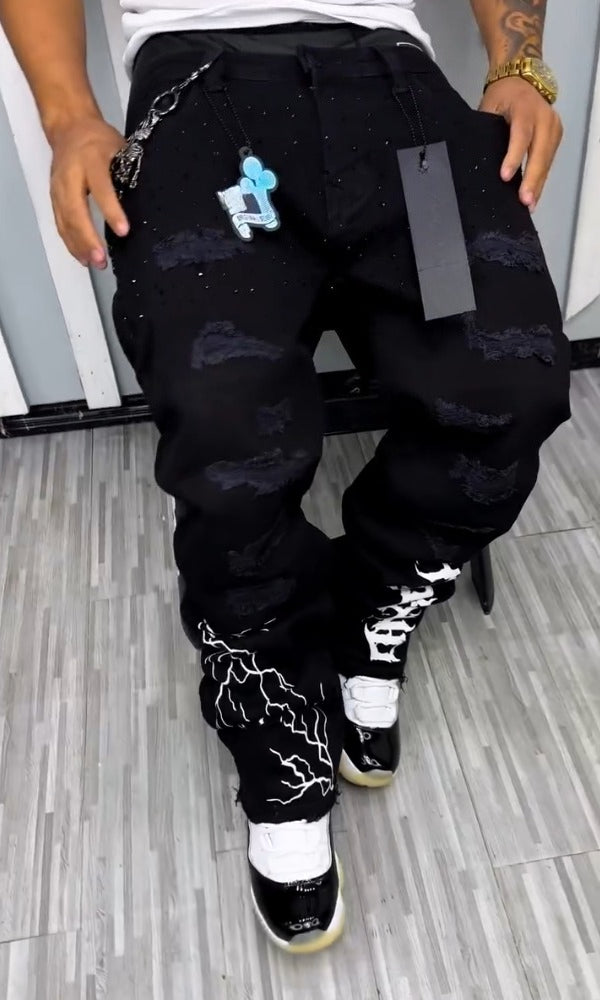 Men's Black Rhinestone Lightning & Letter Casual Jeans