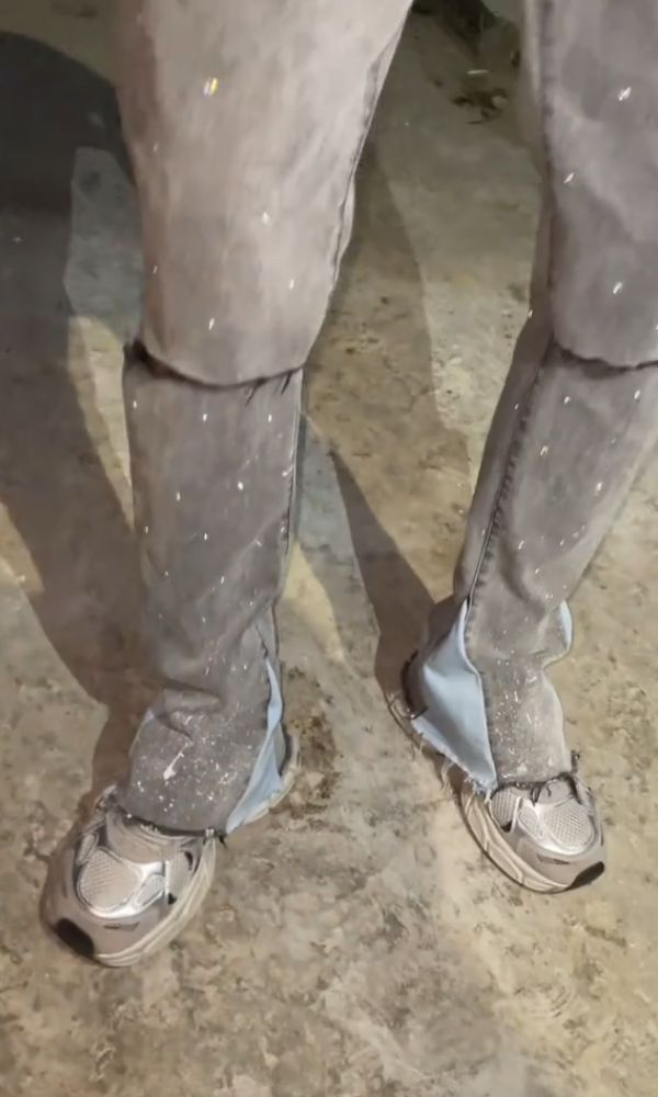 Glitter-Distressed Raw Slit Jeans