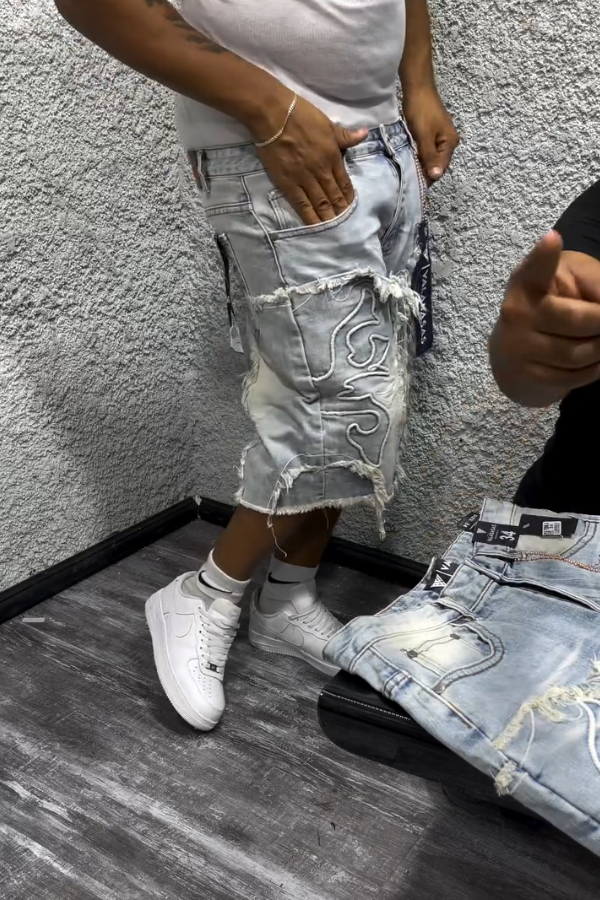 Distressed Embroidered Denim Shorts