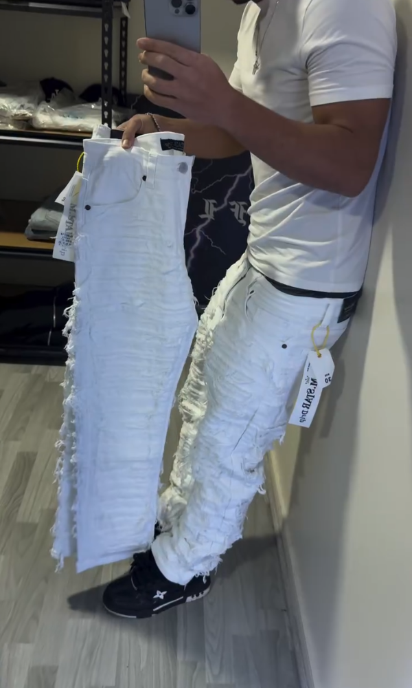 Men's Distressed Frayed Stacked Jeans