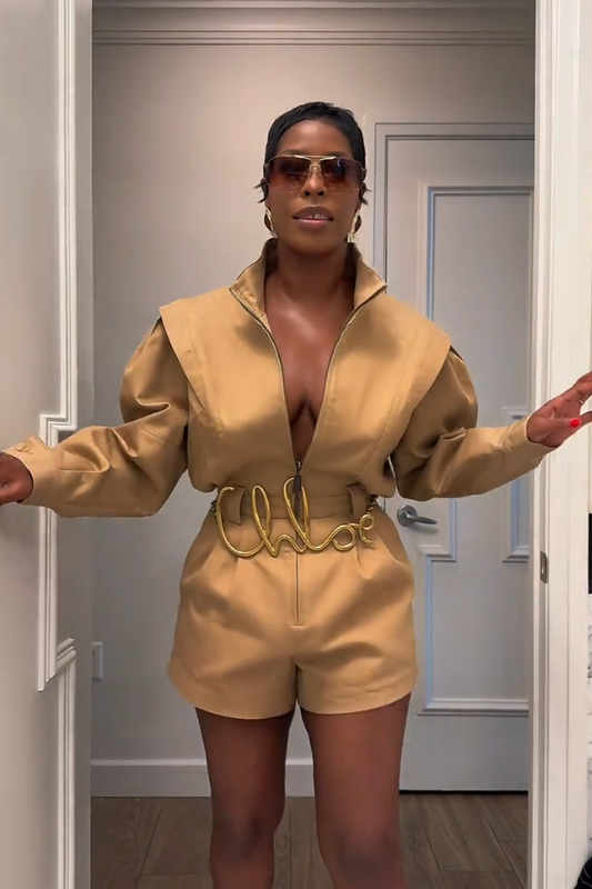 Stand Collar Puff-sleeve Zipper Romper