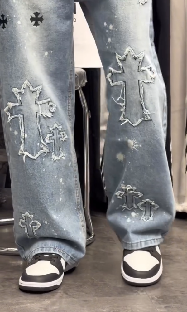 Men's Cross-Embroidered Denim Jeans
