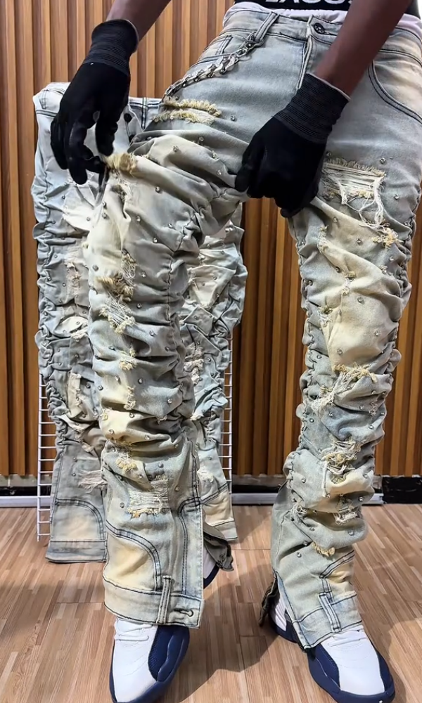 Stylish Stacked Rhinestone Distressed Ripped Jeans