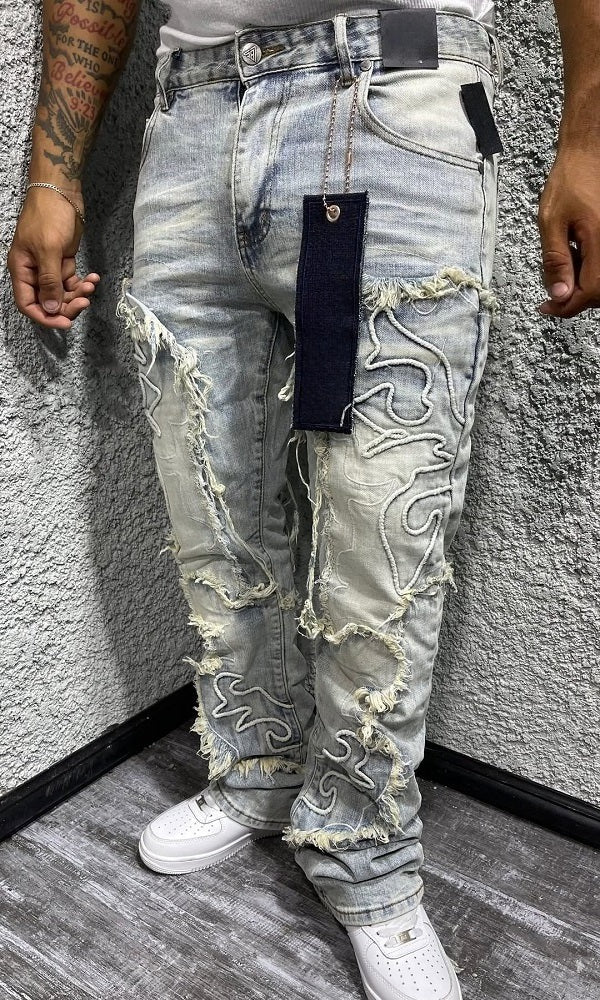 Distressed Embroidered Denim Jeans