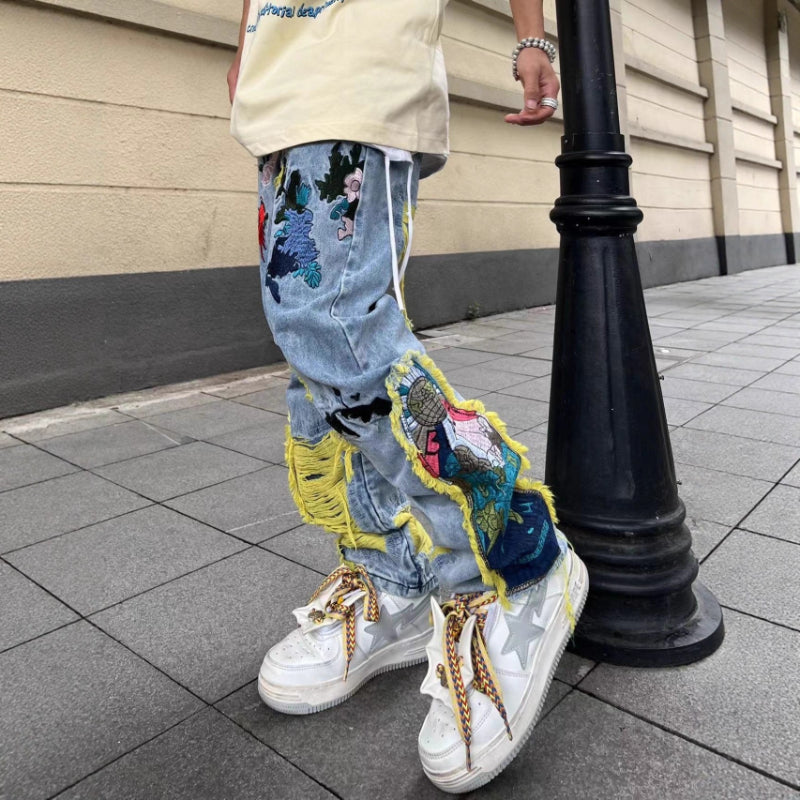 Men's Embroidered Ripped Loose Pants