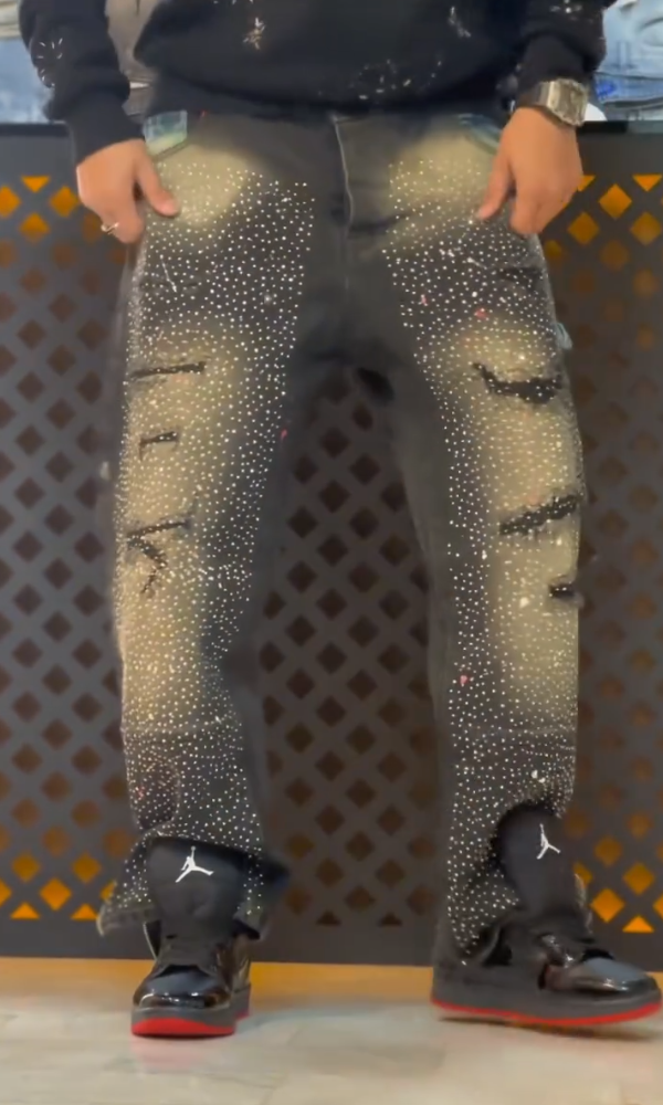 Side Zipper Rhinestone Ripped Distressed Jeans
