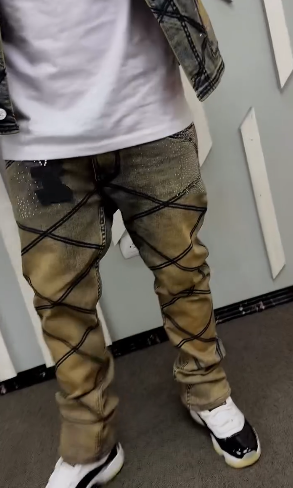 Men's Distressed Denim Rhinestone Jacket & Trousers Set