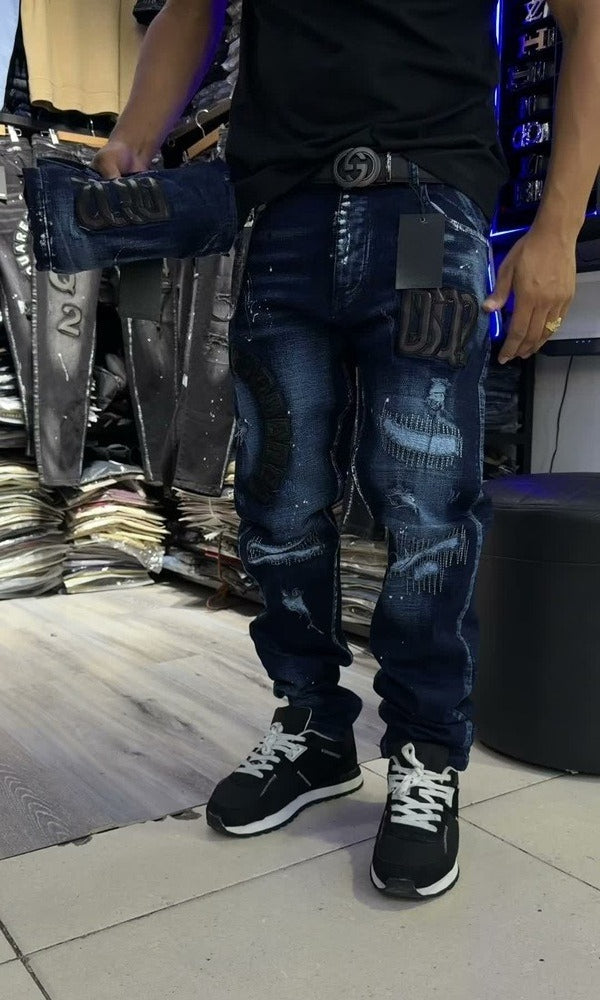 Men's Embroidered Distressed Jeans