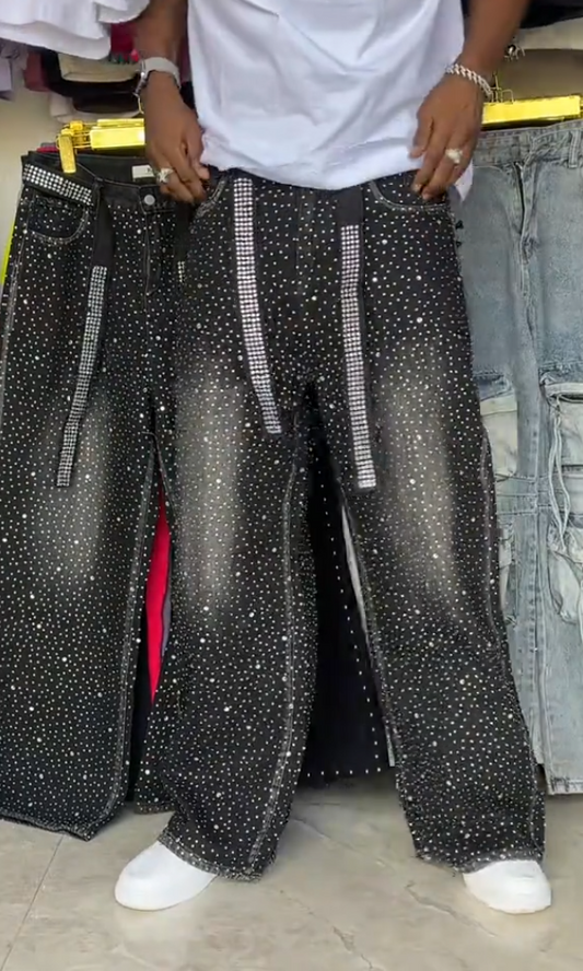 Men's Classic Rhinestone Ribbon Casual Jeans