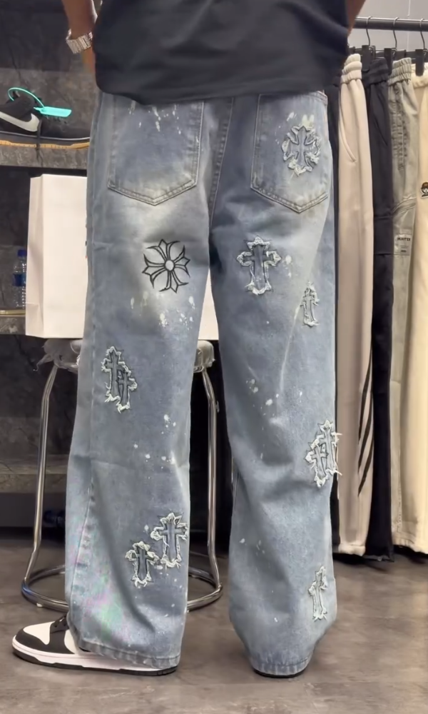 Men's Cross-Embroidered Denim Jeans