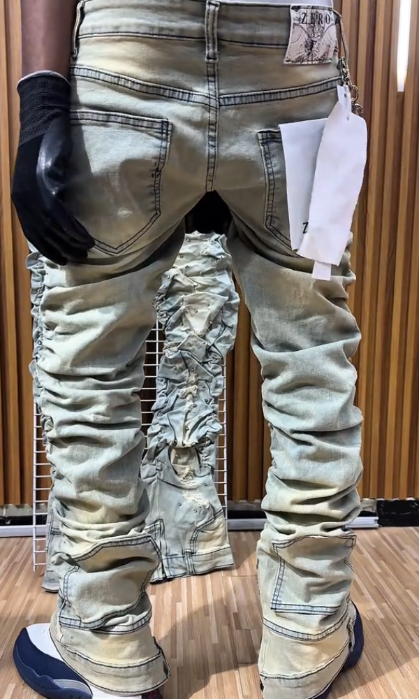 Stylish Stacked Rhinestone Distressed Ripped Jeans