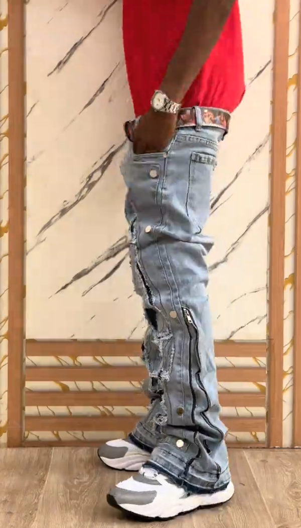 Side Zipper Ripped  Rivet Jeans
