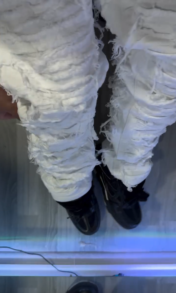 Men's Distressed Frayed Stacked Jeans
