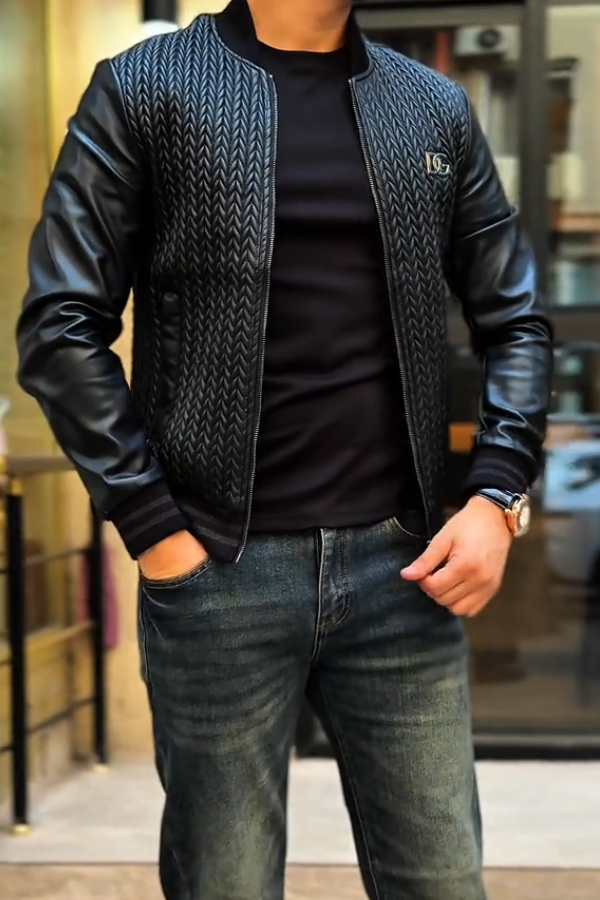Men's Woven  Leather Bomber Jacket