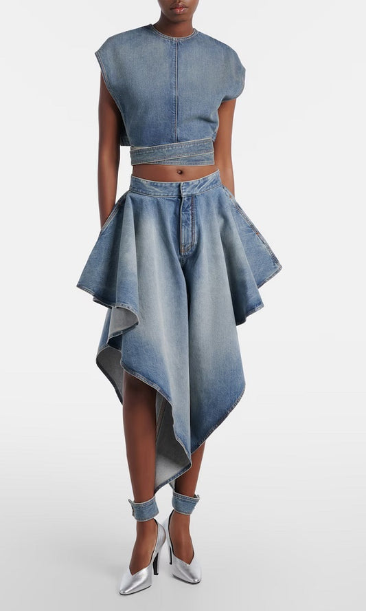 Belted Denim Crop Top & Jeans Set