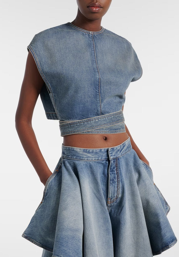 Belted Denim Crop Top & Jeans Set