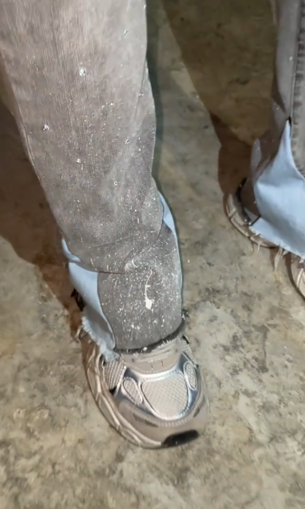 Glitter-Distressed Raw Slit Jeans