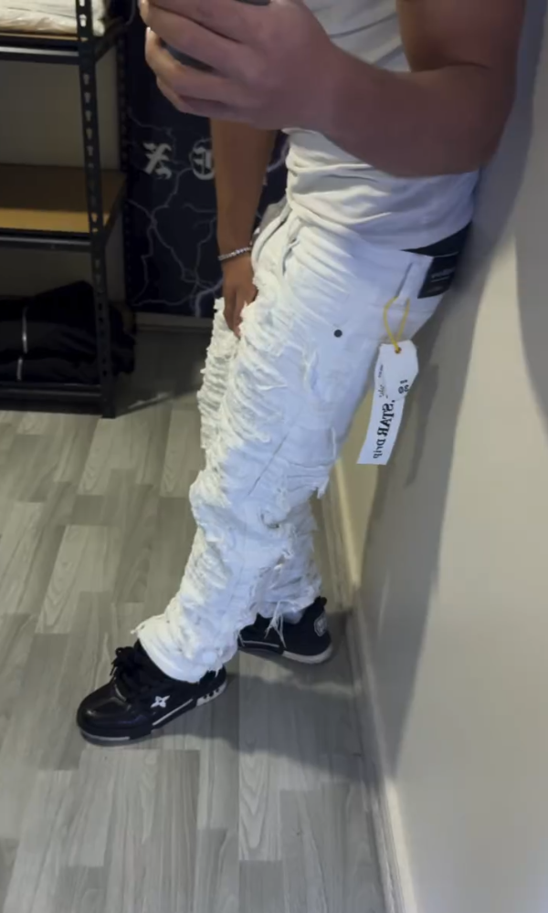 Men's Distressed Frayed Stacked Jeans