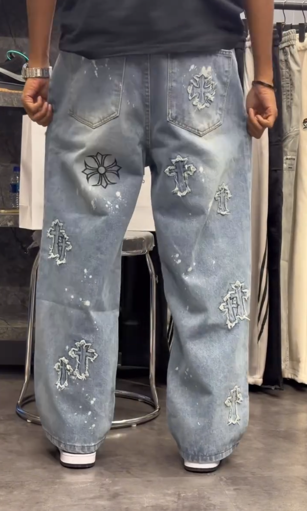 Men's Cross-Embroidered Denim Jeans