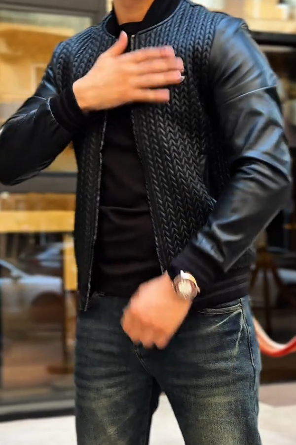 Men's Woven  Leather Bomber Jacket