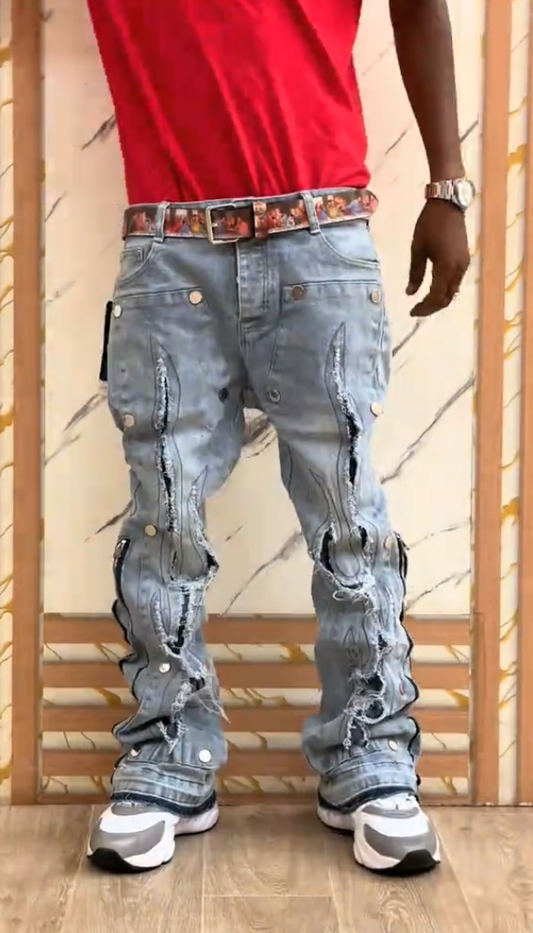 Side Zipper Ripped Rivet Jeans